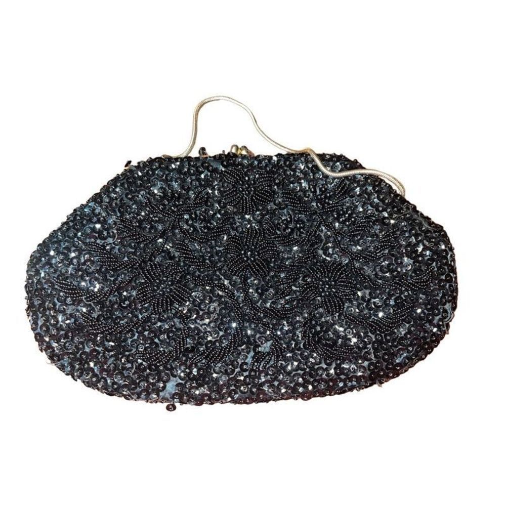 Gary Gail Dallas Evening Bag Purse Black Bead and Sequin Kiss Lock